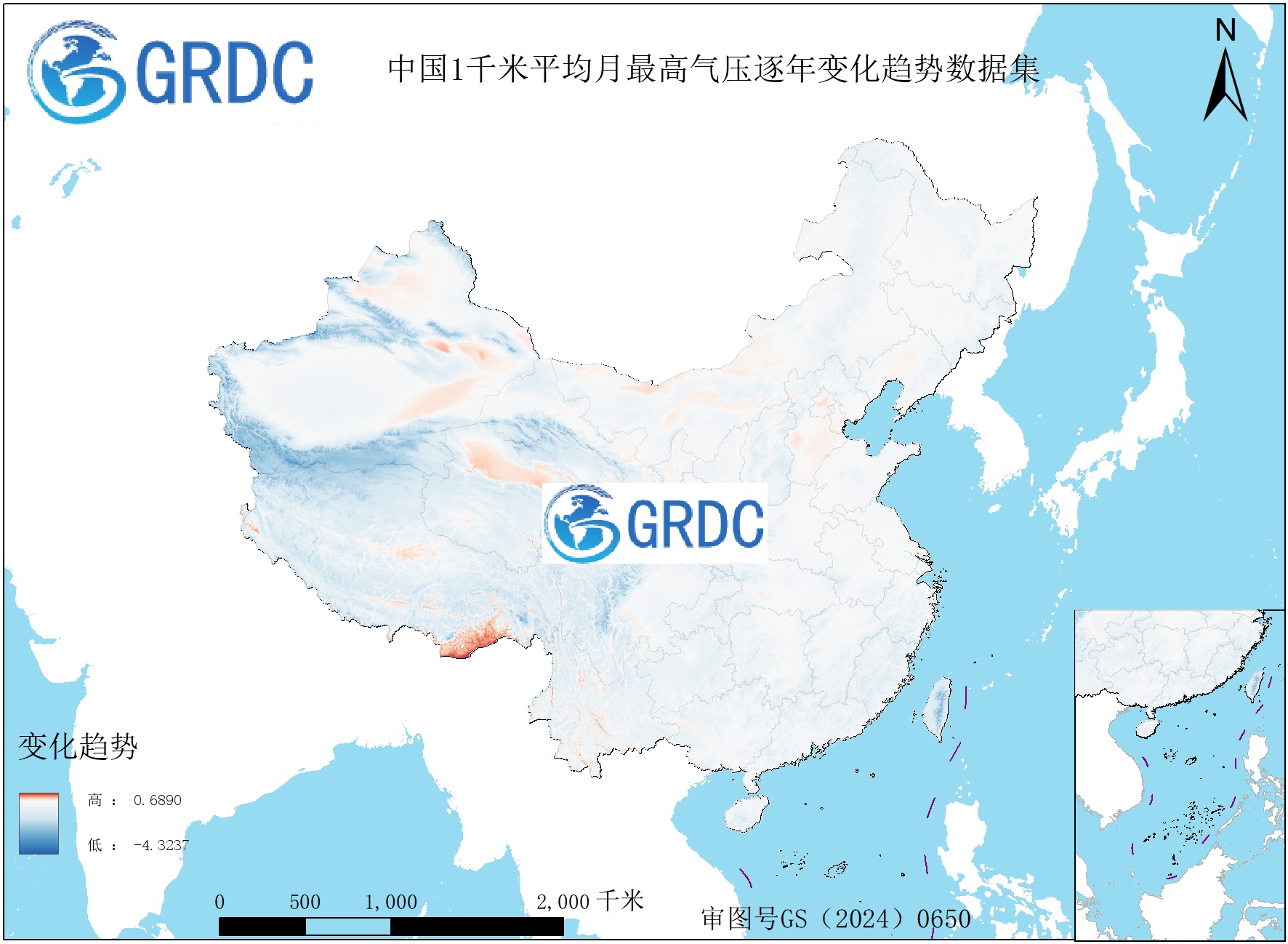 1951-2025年中国1km平均月最高气压逐年变化趋势数据集
