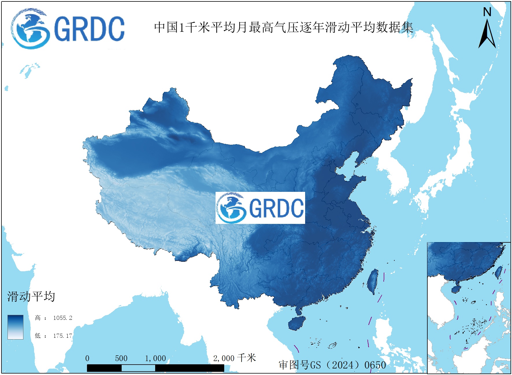 1951-2025年中国1km平均月最高气压逐年滑动平均数据集