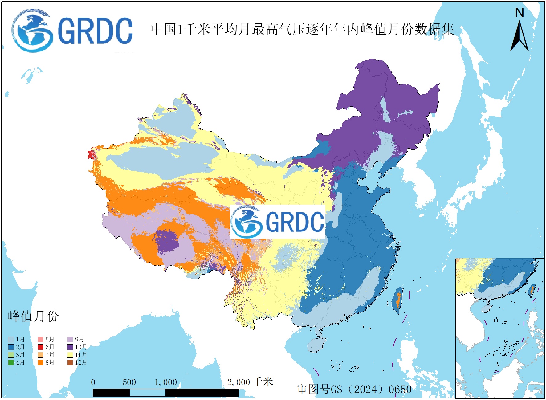 1951-2025年中国1km平均月最高气压逐年年内峰值月份数据集