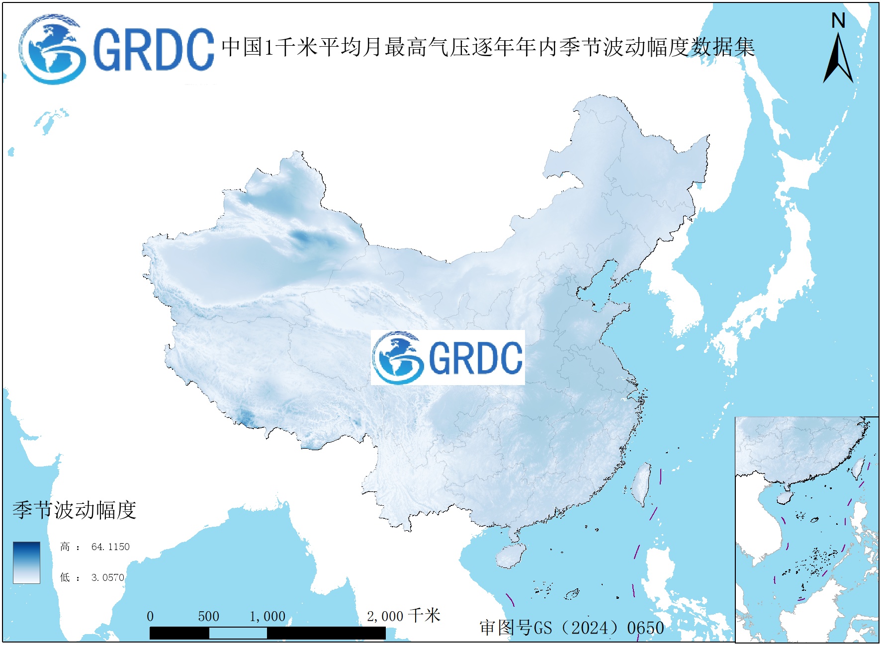 1951-2025年中国1km平均月最高气压逐年年内季节波动幅度数据集