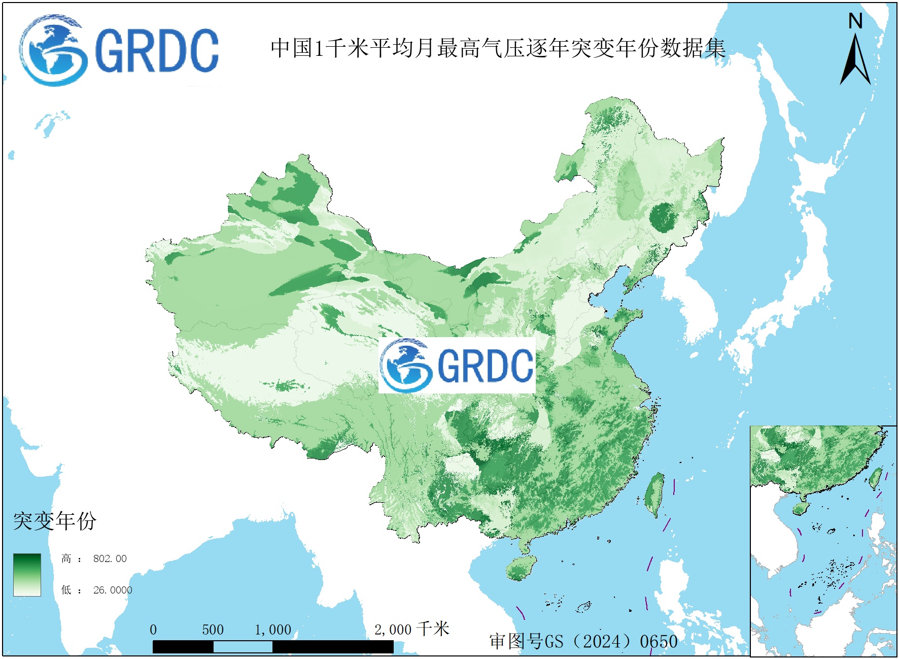 1951-2025年中国1km平均月最高气压逐年突变年份数据集