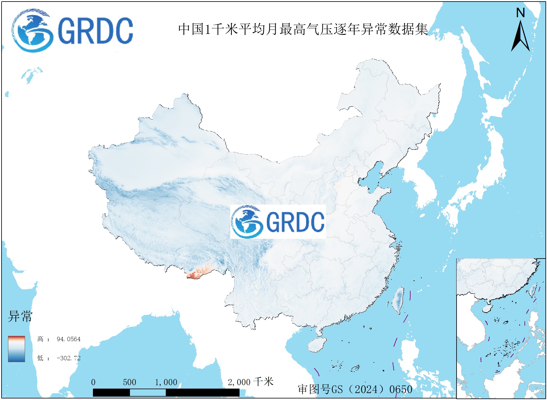 1951-2025年中国1km平均月最高气压逐年异常数据集