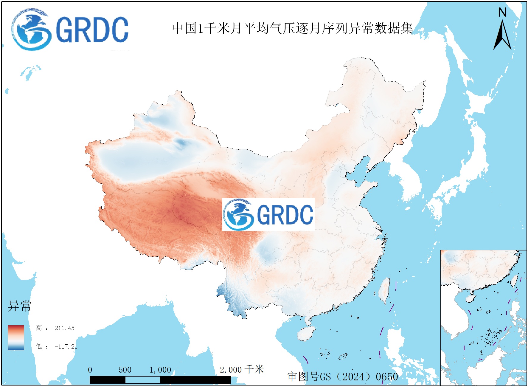 1951-2025年中国1km月平均气压逐月序列异常数据集