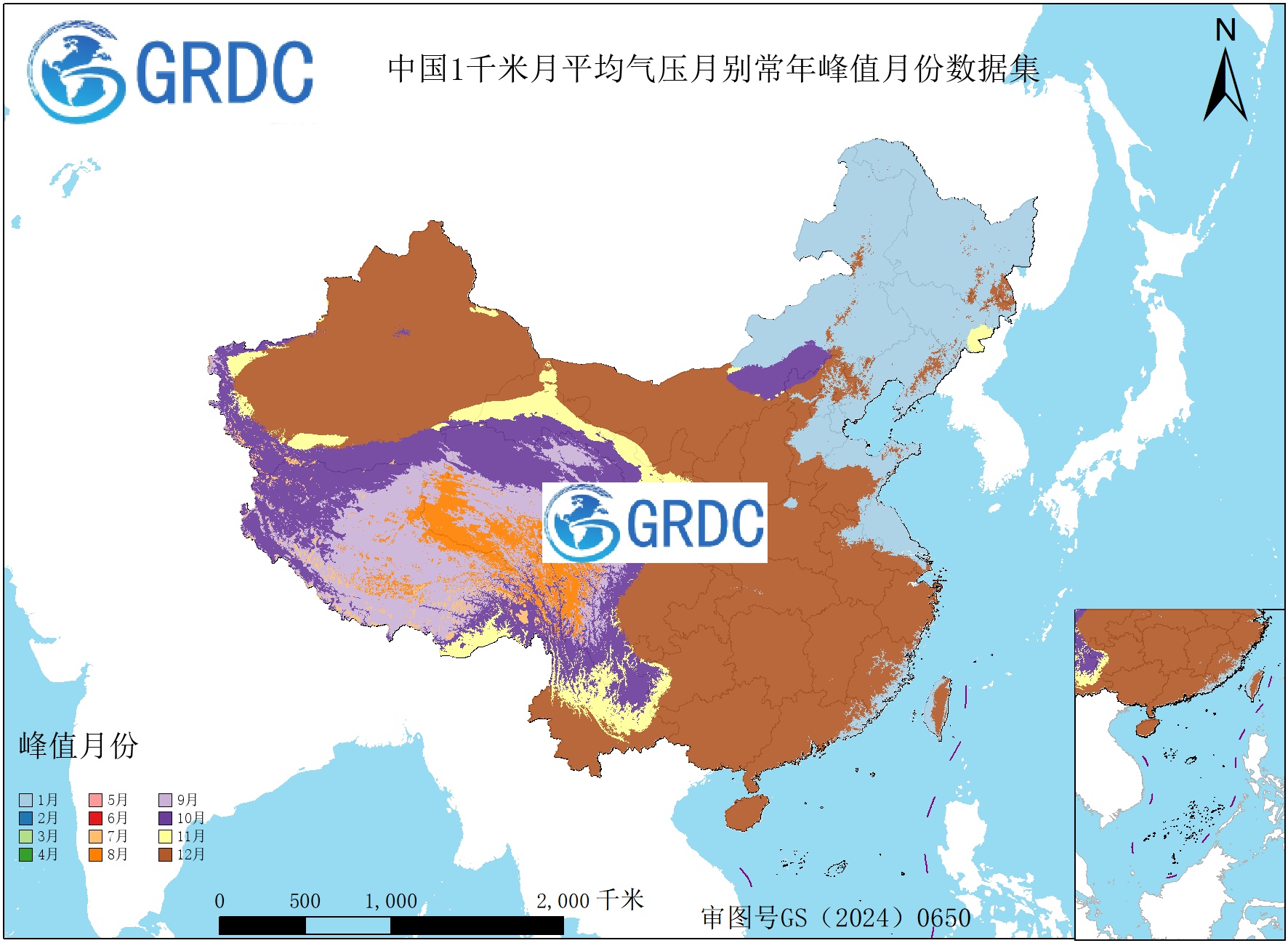 1951-2025年中国1km月平均气压月别常年峰值月份数据集