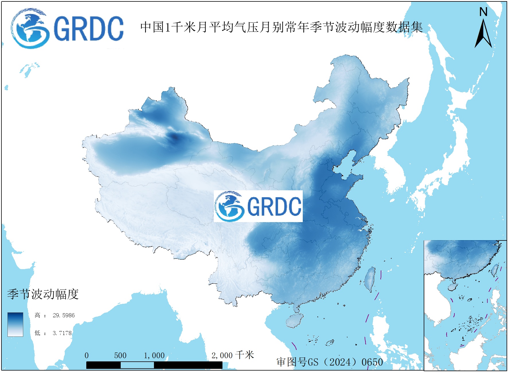 1951-2025年中国1km月平均气压月别常年季节波动幅度数据集
