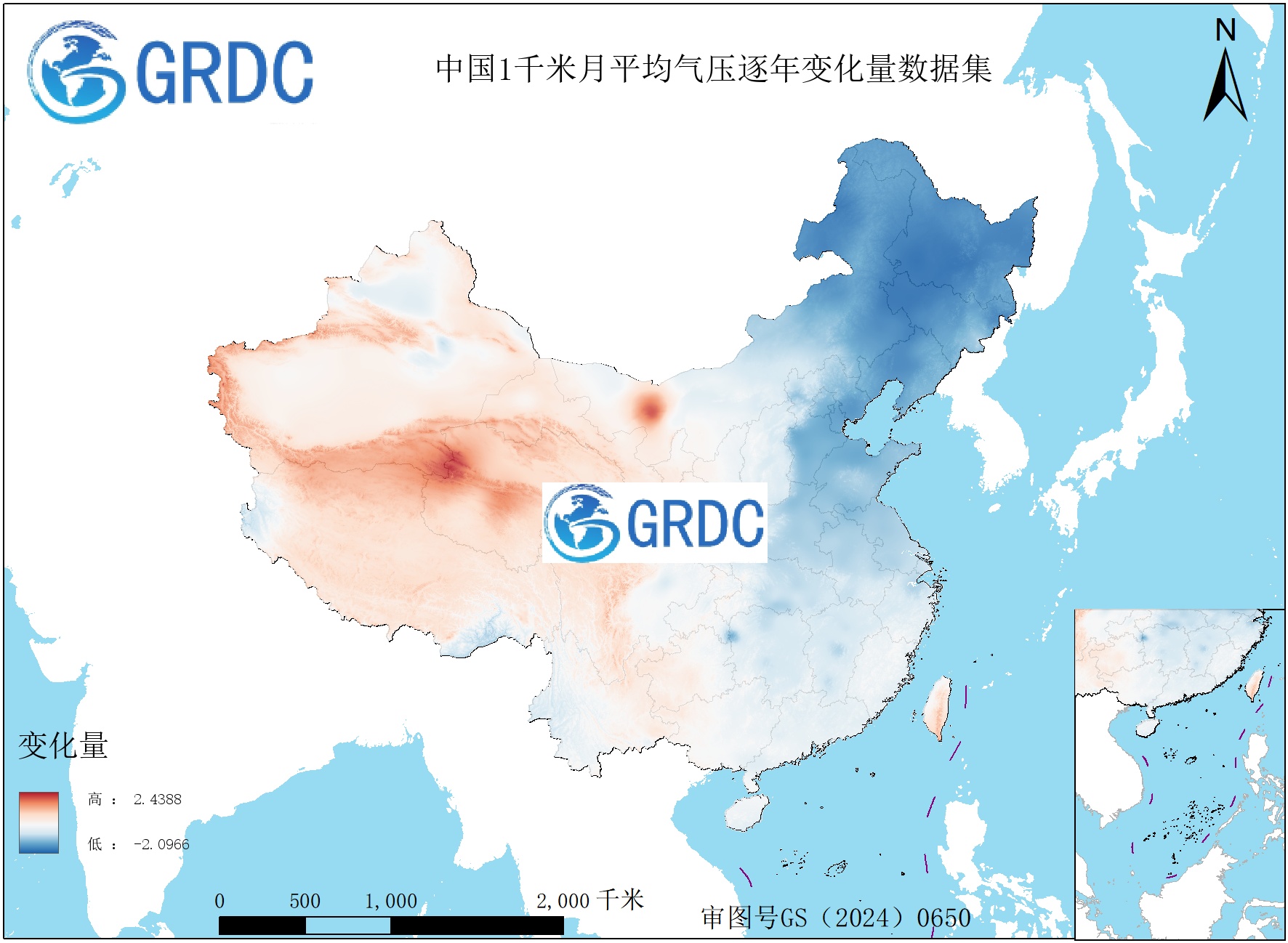 1951-2025年中国1km月平均气压逐年变化量数据集
