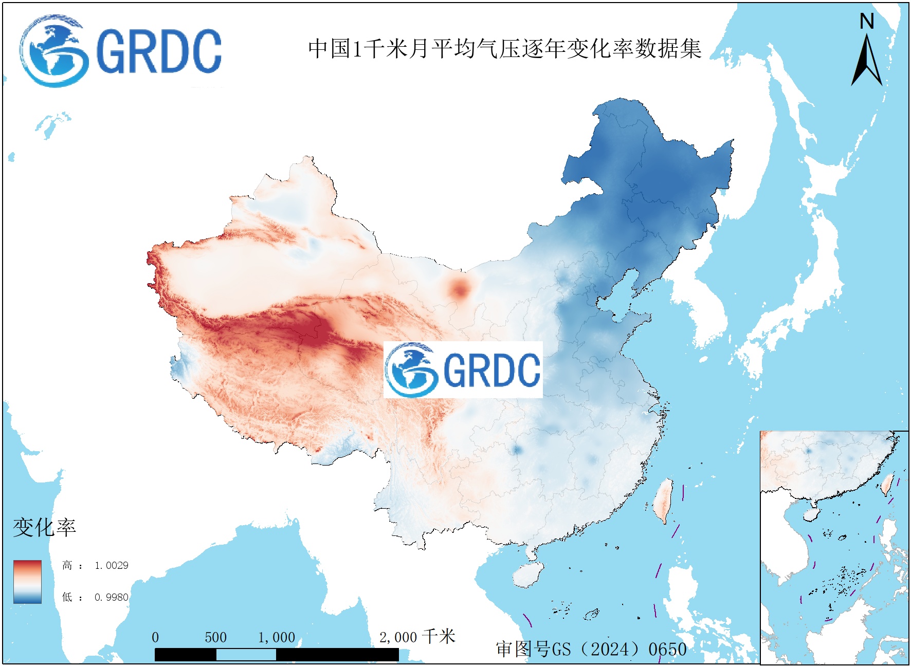 1951-2025年中国1km月平均气压逐年变化率数据集