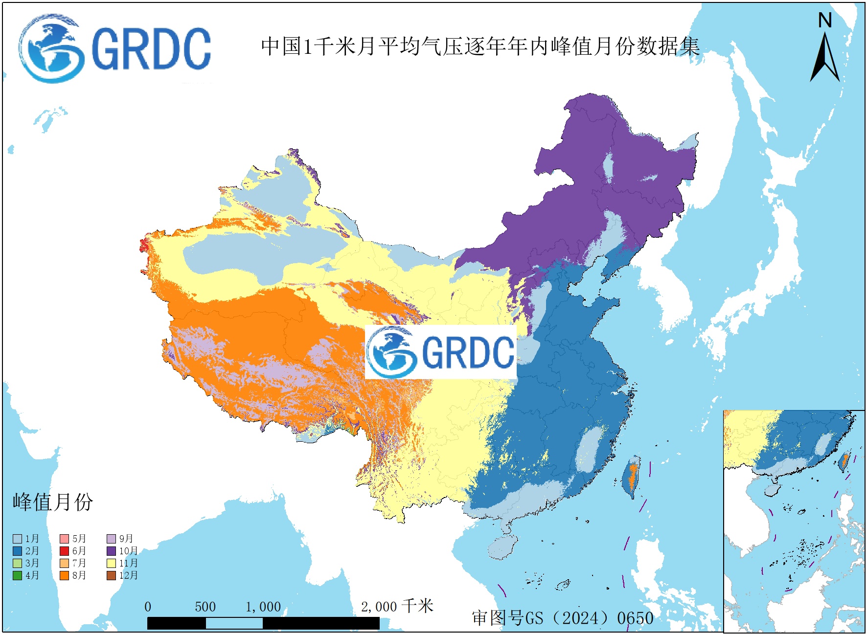 1951-2025年中国1km月平均气压逐年年内峰值月份数据集