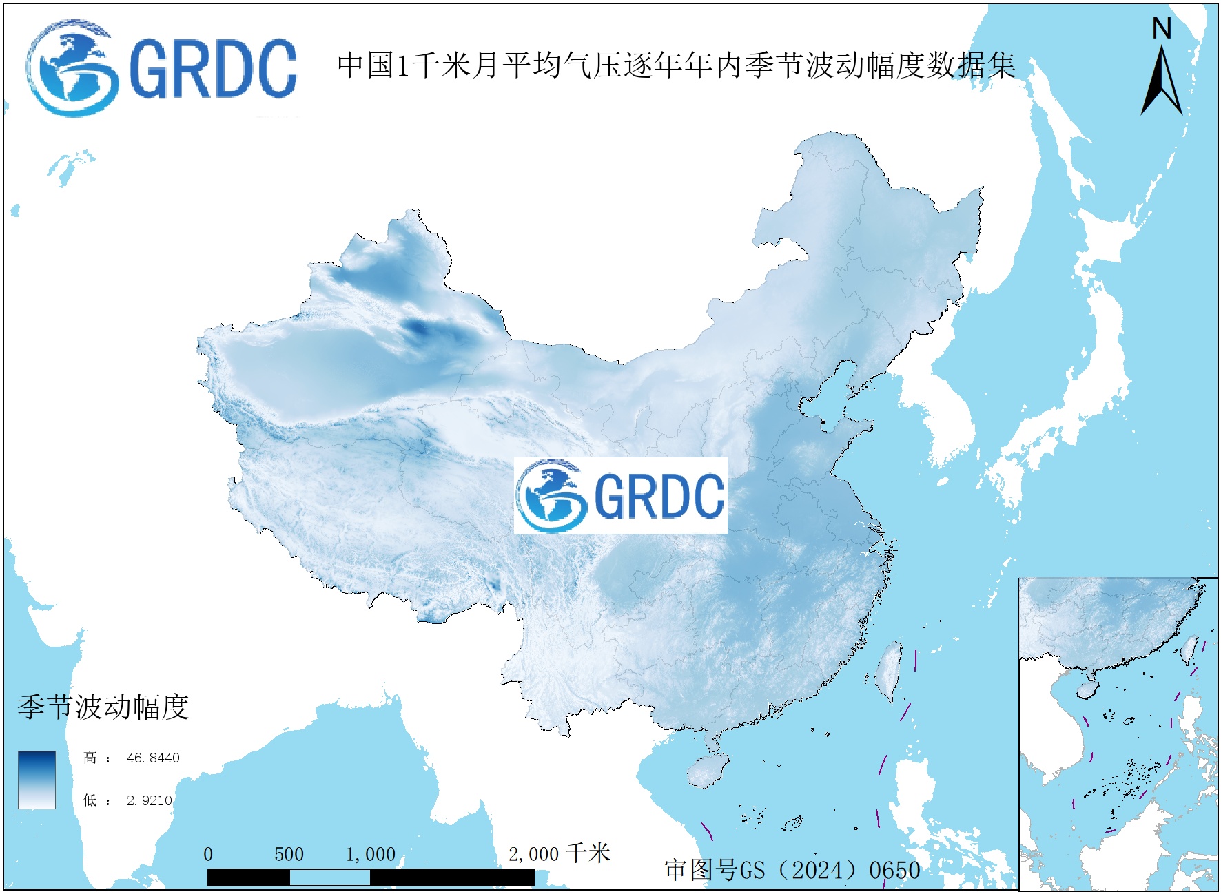 1951-2025年中国1km月平均气压逐年年内季节波动幅度数据集