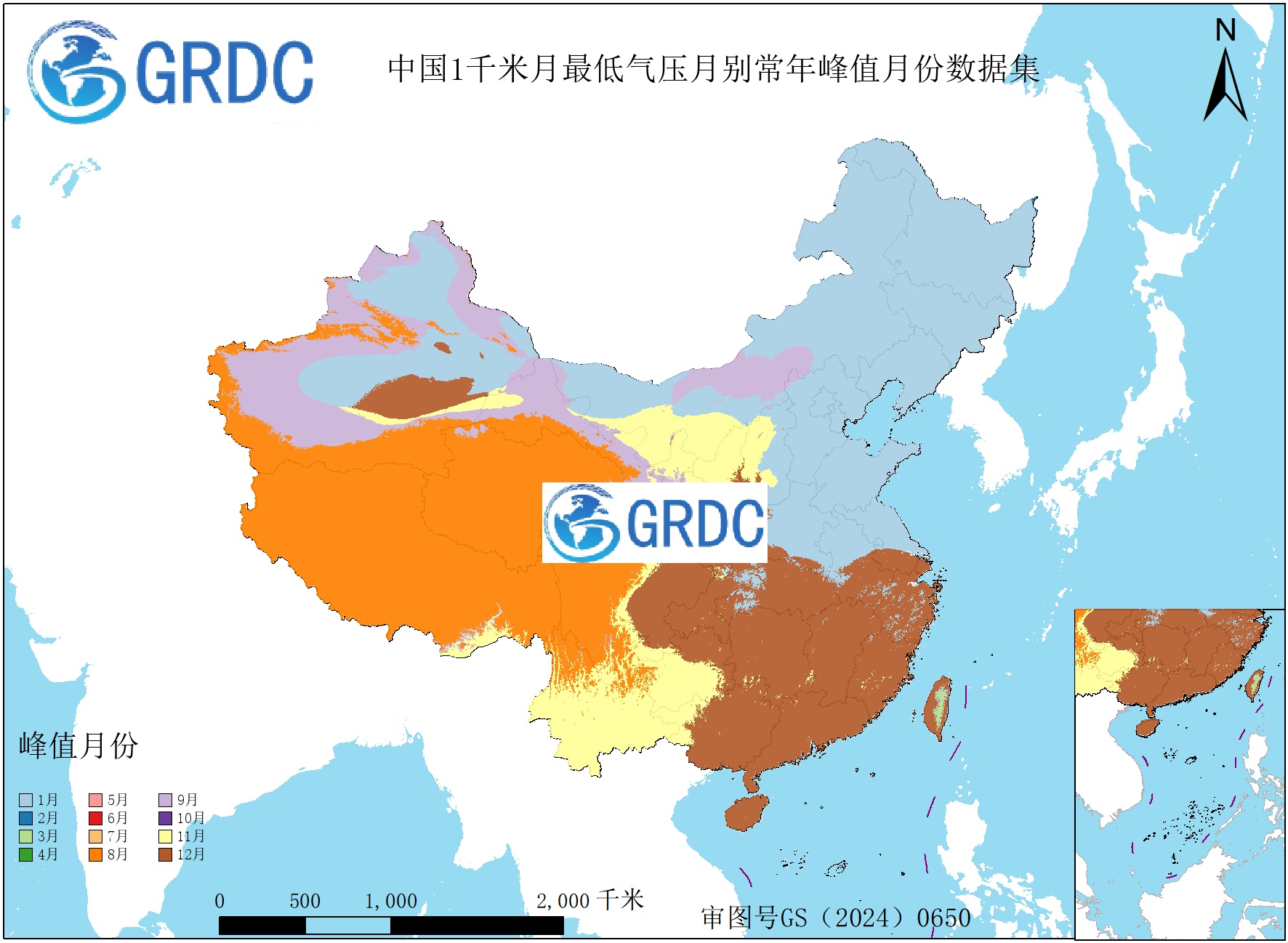 1951-2025年中国1km月最低气压月别常年峰值月份数据集