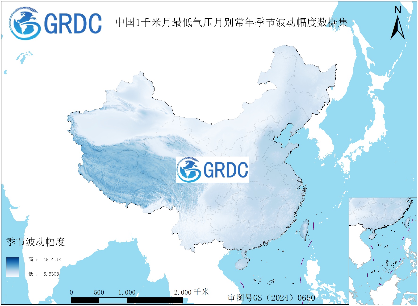 1951-2025年中国1km月最低气压月别常年季节波动幅度数据集