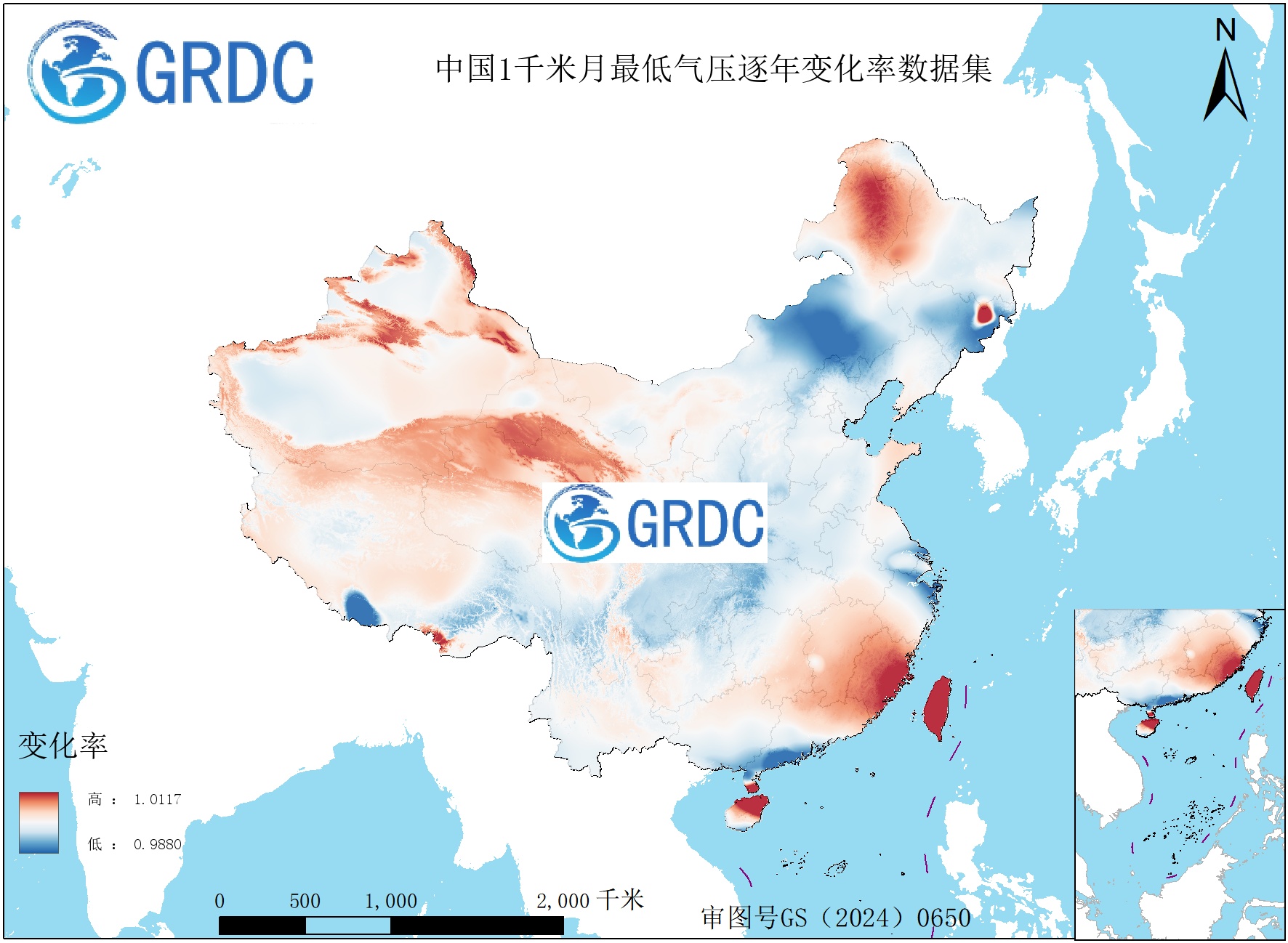 1951-2025年中国1km月最低气压逐年变化率数据集