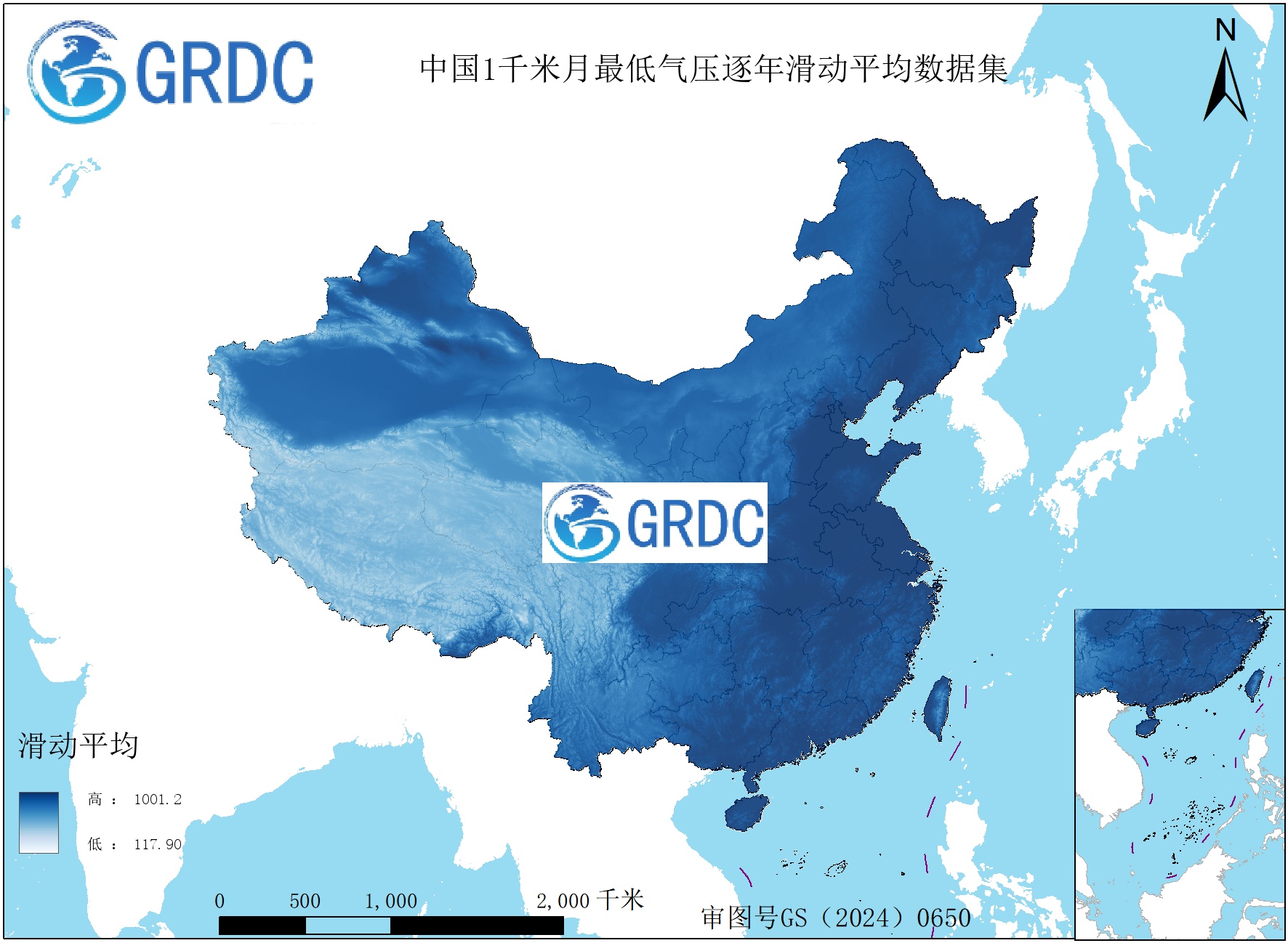 1951-2025年中国1km月最低气压逐年滑动平均数据集