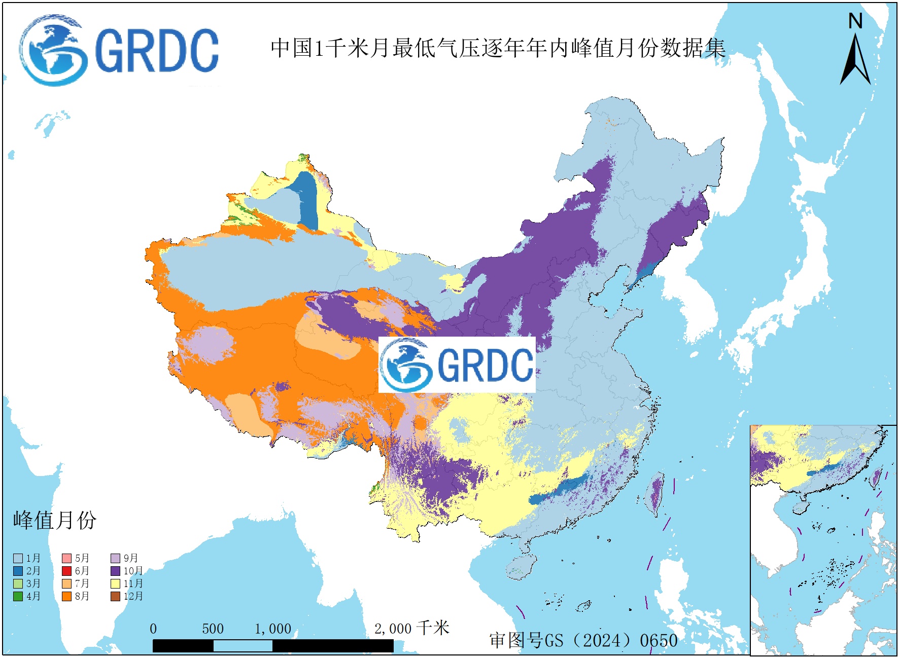1951-2025年中国1km月最低气压逐年年内峰值月份数据集