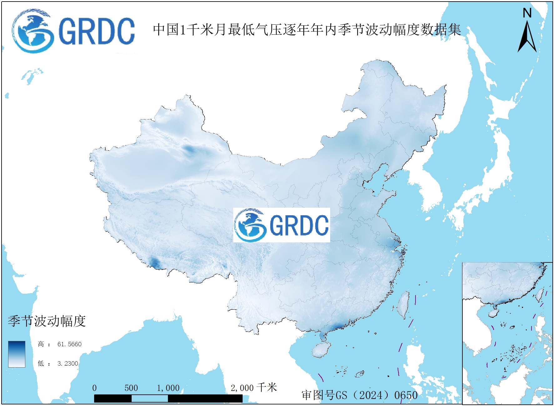 1951-2025年中国1km月最低气压逐年年内季节波动幅度数据集