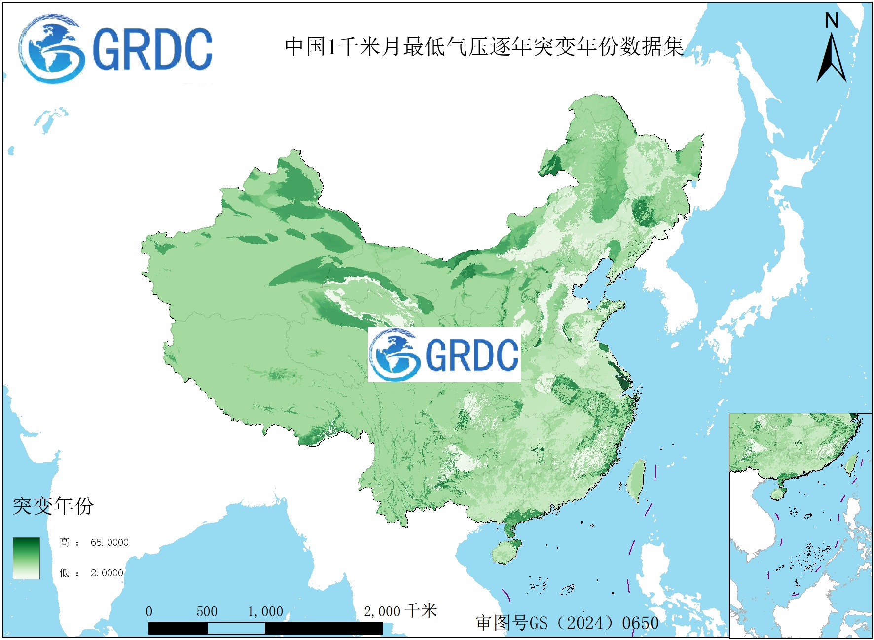 1951-2025年中国1km月最低气压逐年突变年份数据集