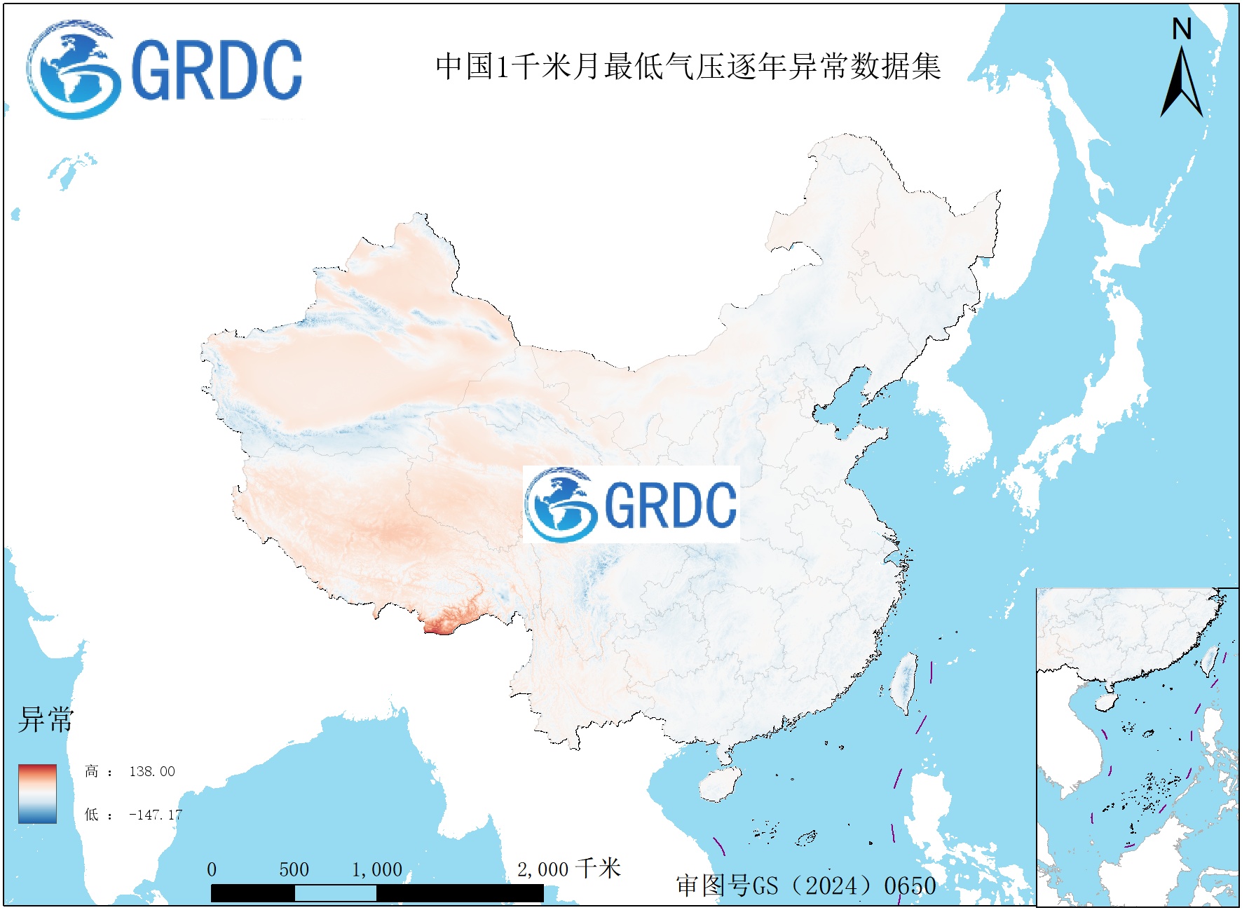 1951-2025年中国1km月最低气压逐年异常数据集