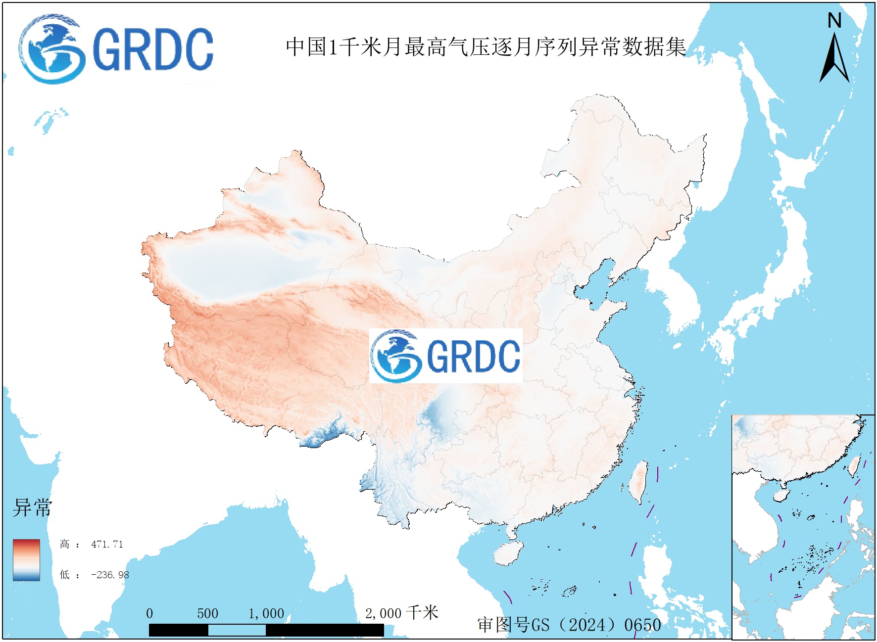1951-2025年中国1km月最高气压逐月序列异常数据集