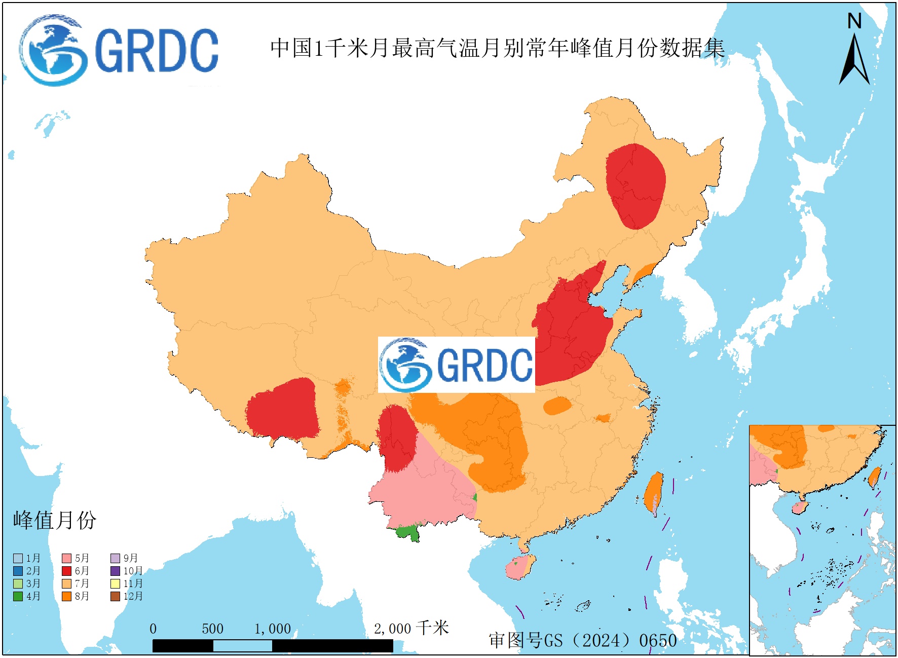 1951-2025年中国1km月最高气温月别常年峰值月份数据集