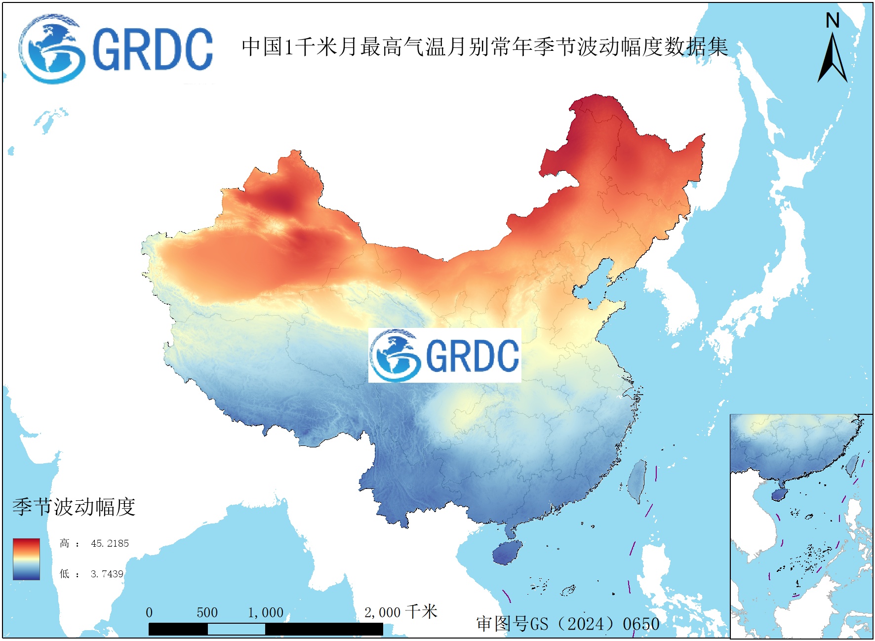 1951-2025年中国1km月最高气温月别常年季节波动幅度数据集