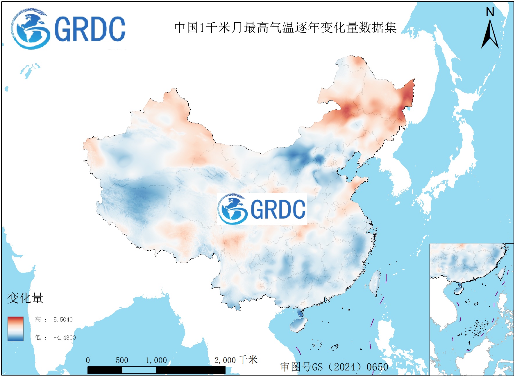 1951-2025年中国1km月最高气温逐年变化量数据集