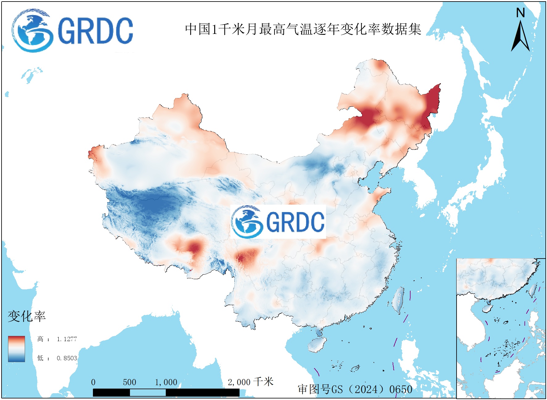 1951-2025年中国1km月最高气温逐年变化率数据集