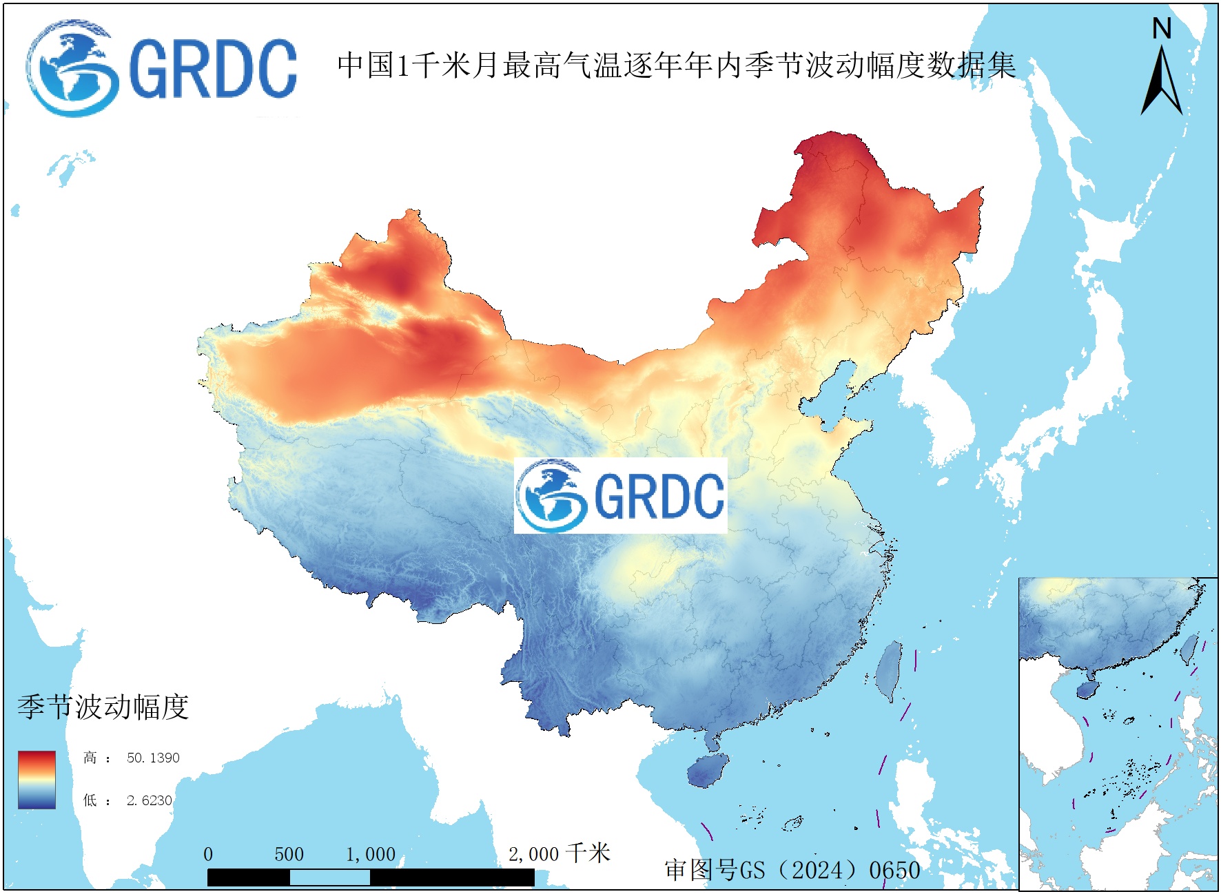 1951-2025年中国1km月最高气温逐年年内季节波动幅度数据集