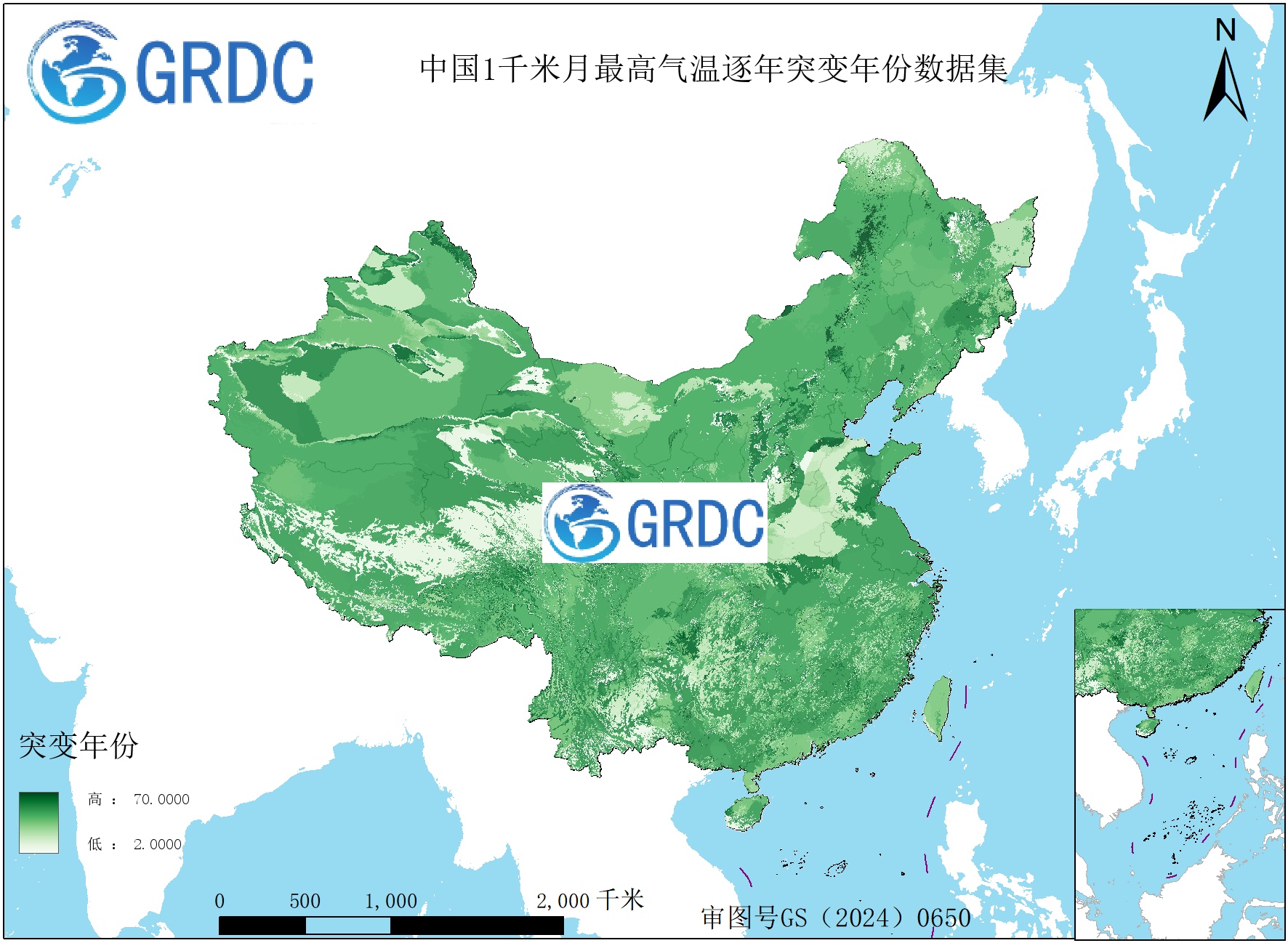 1951-2025年中国1km月最高气温逐年突变年份数据集
