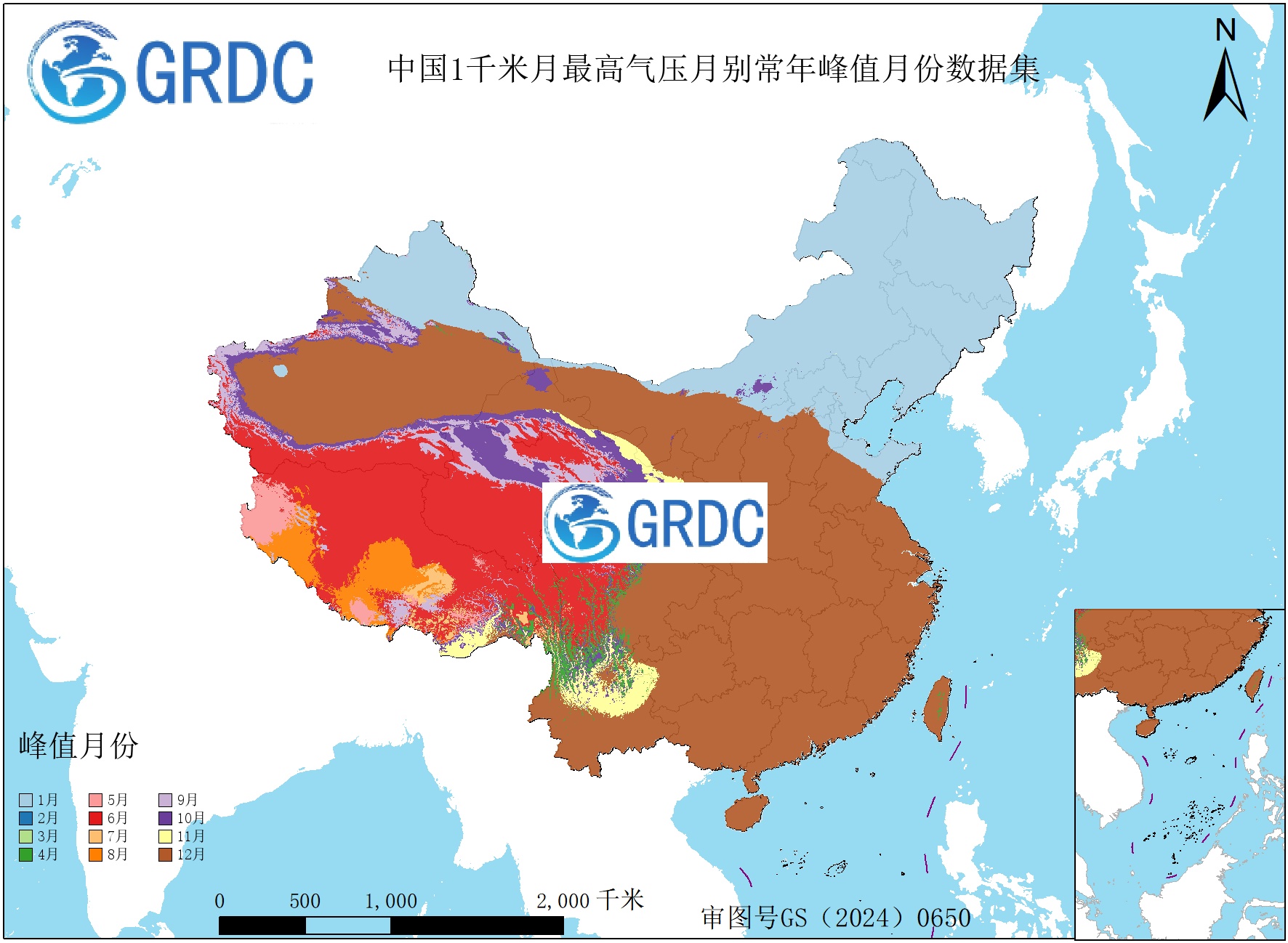 1951-2025年中国1km月最高气压月别常年峰值月份数据集