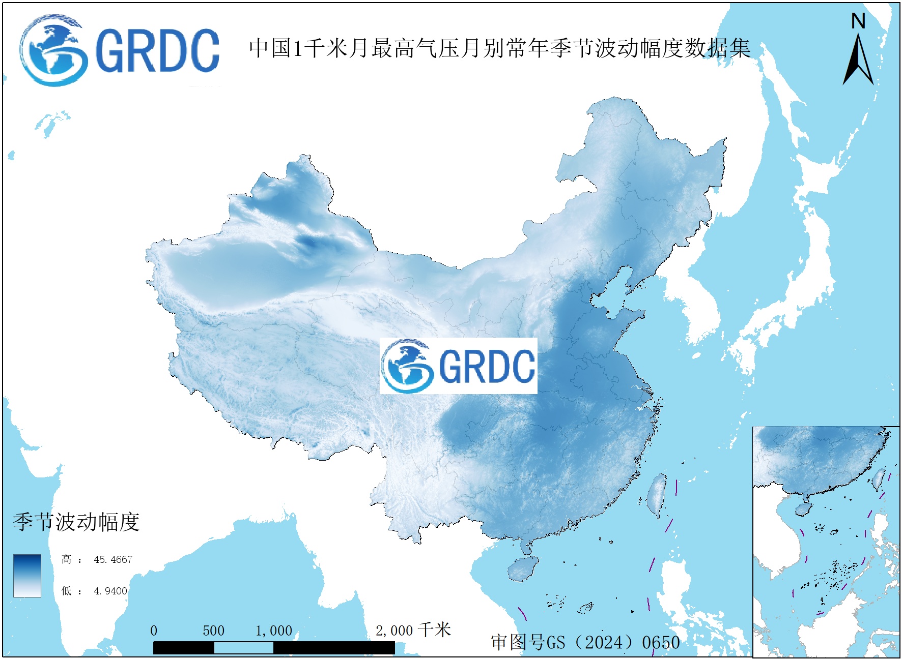 1951-2025年中国1km月最高气压月别常年季节波动幅度数据集