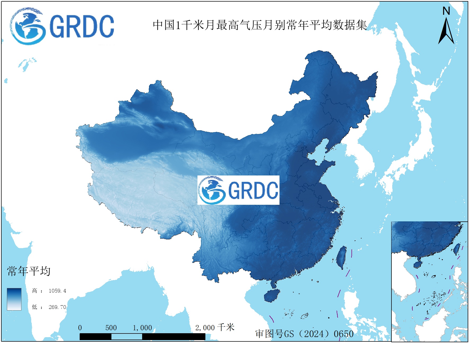 1951-2025年中国1km月最高气压月别常年平均数据集