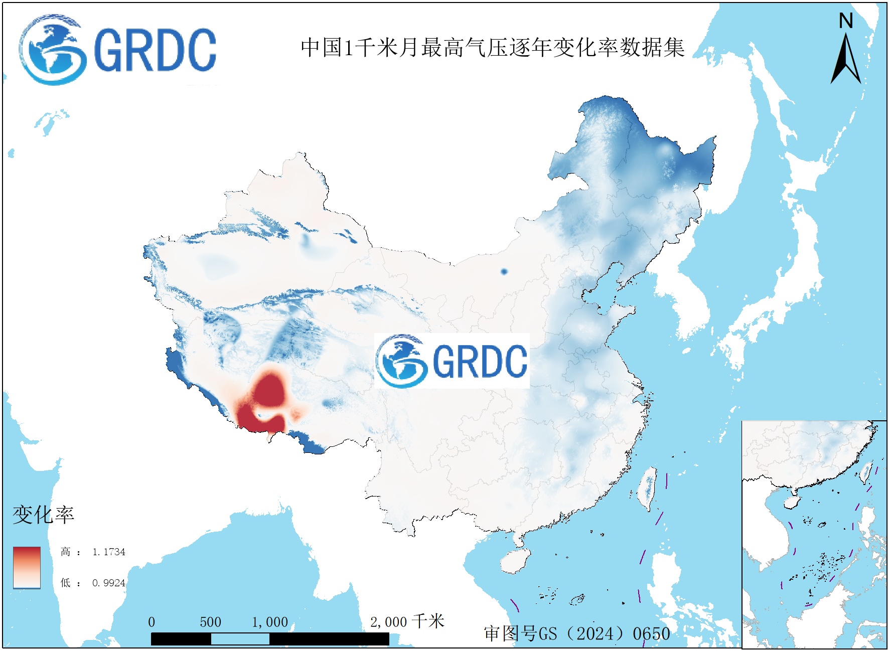 1951-2025年中国1km月最高气压逐年变化率数据集